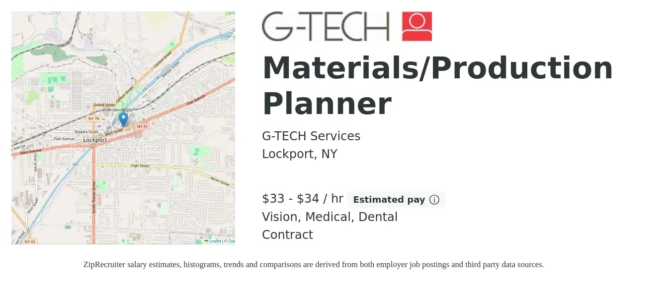 G-TECH Services job posting for a Materials/Production Planner in Lockport, NY with a salary of $34 to $36 Hourly and benefits including life_insurance, medical, pto, retirement, vision, and dental with a map of Lockport location.