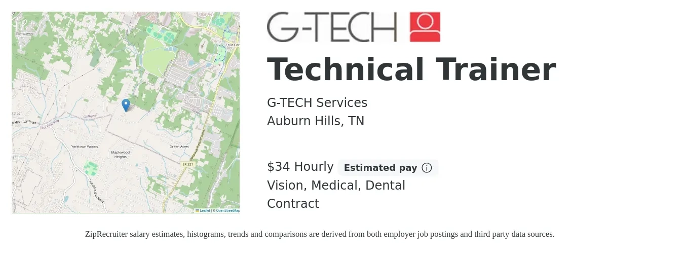 G-TECH Services job posting for a Technical Trainer in Auburn Hills, TN with a salary of $36 Hourly and benefits including medical, retirement, vision, dental, and life_insurance with a map of Auburn Hills location.
