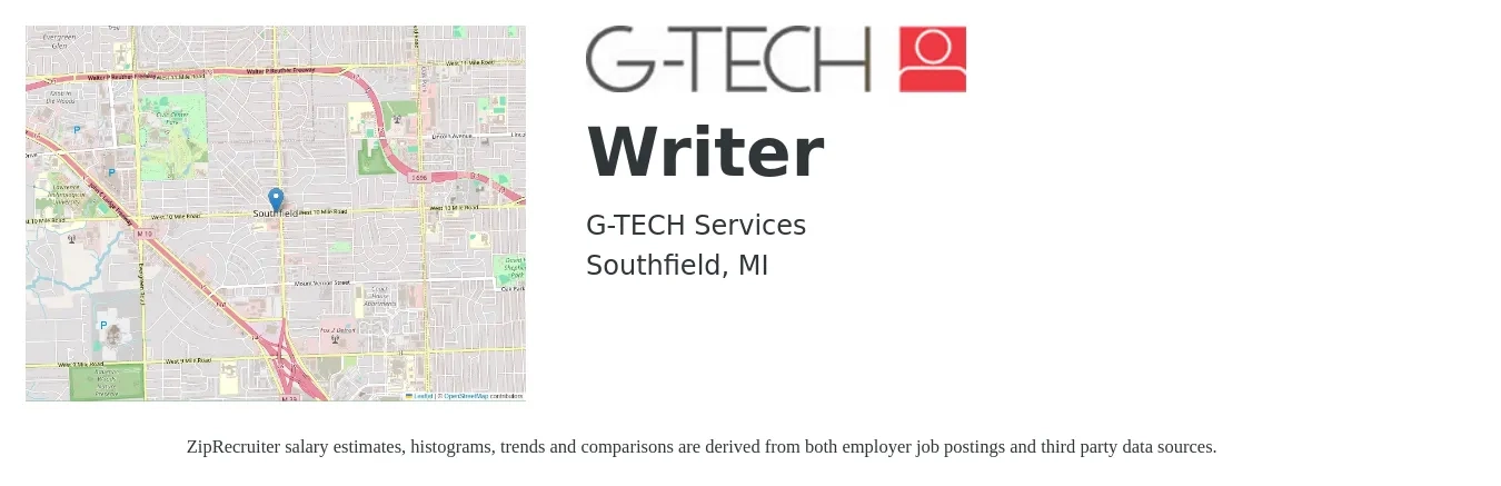G-TECH Services job posting for a Writer in Southfield, MI with a salary of $28 to $45 Hourly with a map of Southfield location.