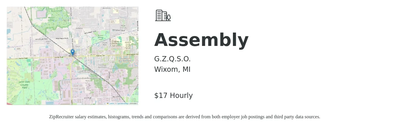 G.Z.Q.S.O. job posting for a Assembly in Wixom, MI with a salary of $18 Hourly with a map of Wixom location.