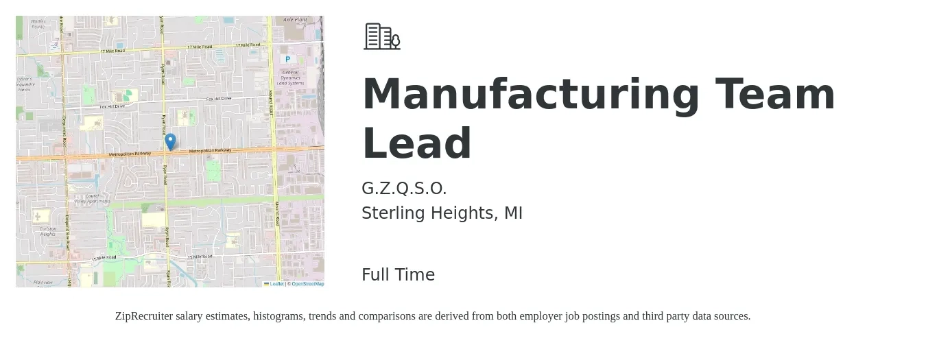 G.Z.Q.S.O. job posting for a Manufacturing Team Lead in Sterling Heights, MI with a salary of $20 Hourly with a map of Sterling Heights location.