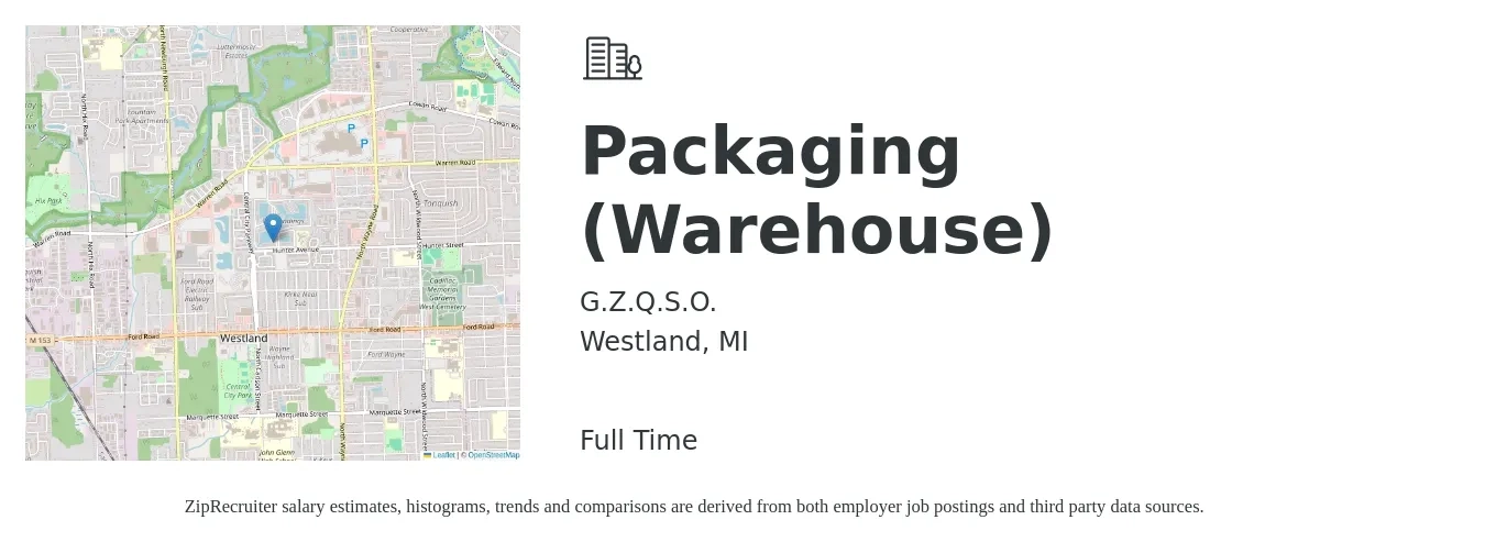 G.Z.Q.S.O. job posting for a Packaging (Warehouse) in Westland, MI with a salary of $16 Hourly with a map of Westland location.