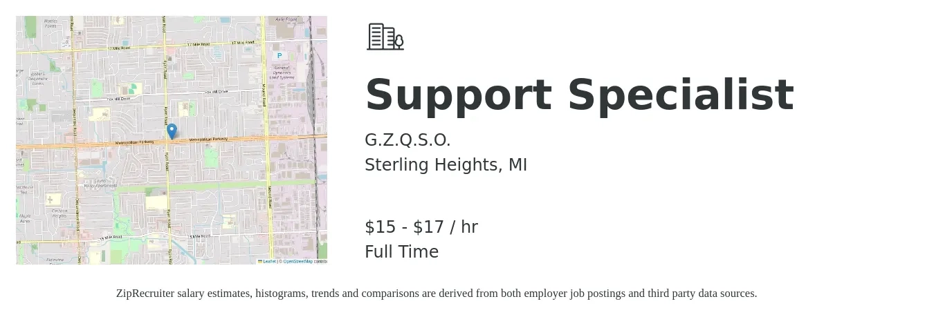 G.Z.Q.S.O. job posting for a Support Specialist in Sterling Heights, MI with a salary of $16 to $18 Hourly with a map of Sterling Heights location.