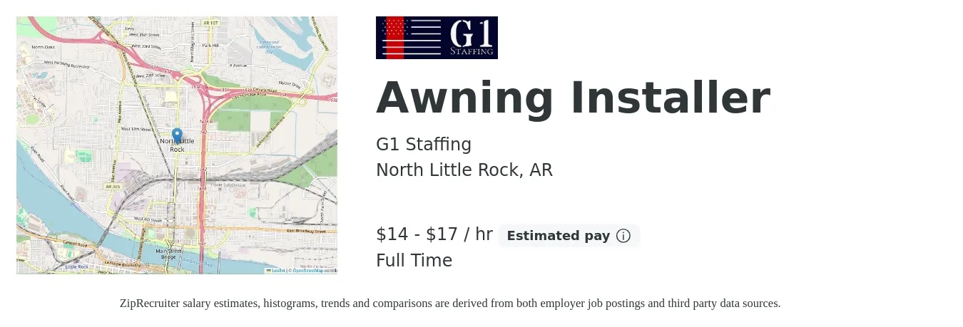 G1 Staffing job posting for a Awning Installer in North Little Rock, AR with a salary of $15 to $18 Hourly with a map of North Little Rock location.
