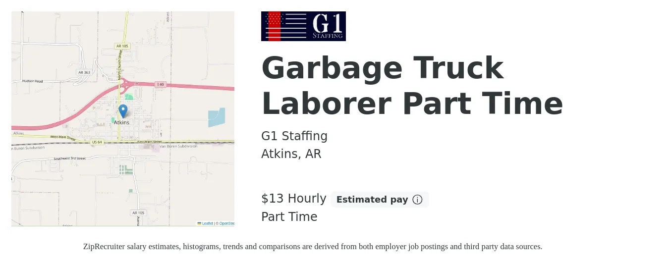 G1 Staffing job posting for a Garbage Truck Laborer Part Time in Atkins, AR with a salary of $14 Hourly with a map of Atkins location.