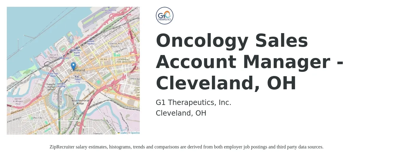 G1 Therapeutics, Inc. job posting for a Oncology Sales Account Manager - Cleveland, OH in Cleveland, OH with a salary of $62,900 to $90,100 Yearly with a map of Cleveland location.