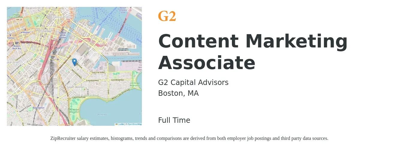 G2 Capital Advisors job posting for a Content Marketing Associate in Boston, MA with a salary of $65,400 to $94,800 Yearly with a map of Boston location.