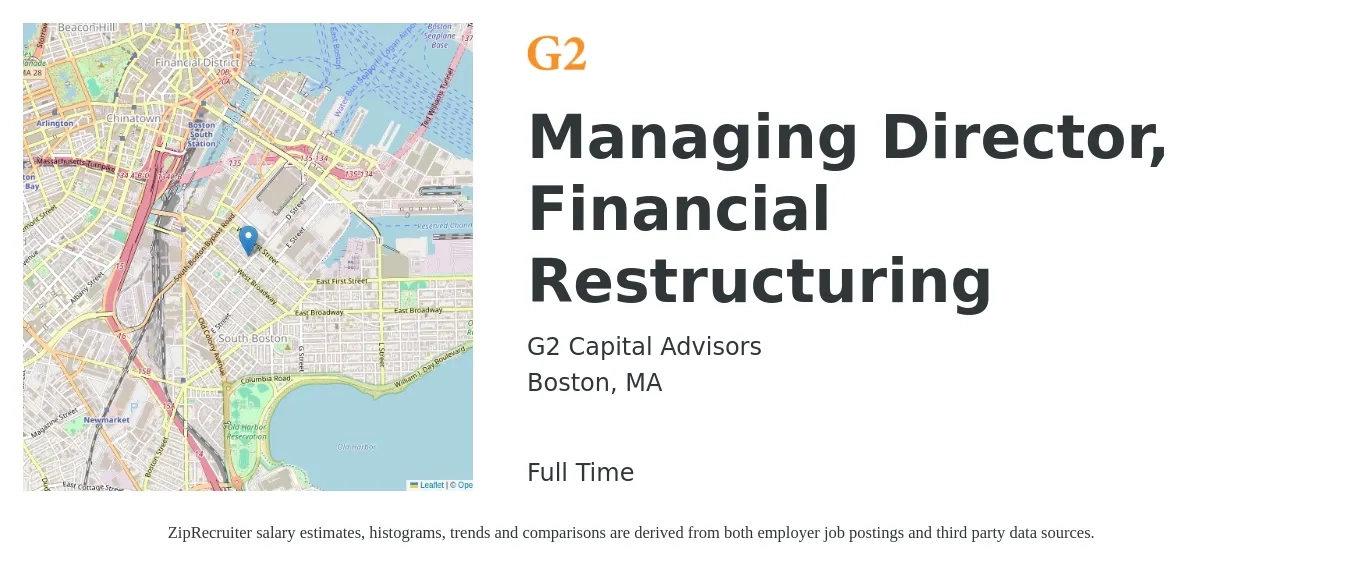 G2 Capital Advisors job posting for a Managing Director, Financial Restructuring in Boston, MA with a salary of $109,500 to $166,700 Yearly with a map of Boston location.