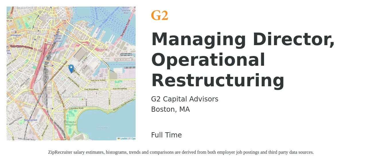G2 Capital Advisors job posting for a Managing Director, Operational Restructuring in Boston, MA with a salary of $82,300 to $147,600 Yearly with a map of Boston location.