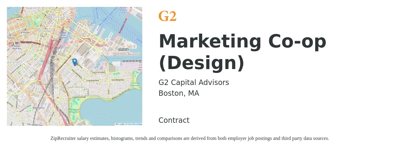 G2 Capital Advisors job posting for a Marketing Co-op (Design) in Boston, MA with a salary of $71,400 to $98,100 Yearly with a map of Boston location.