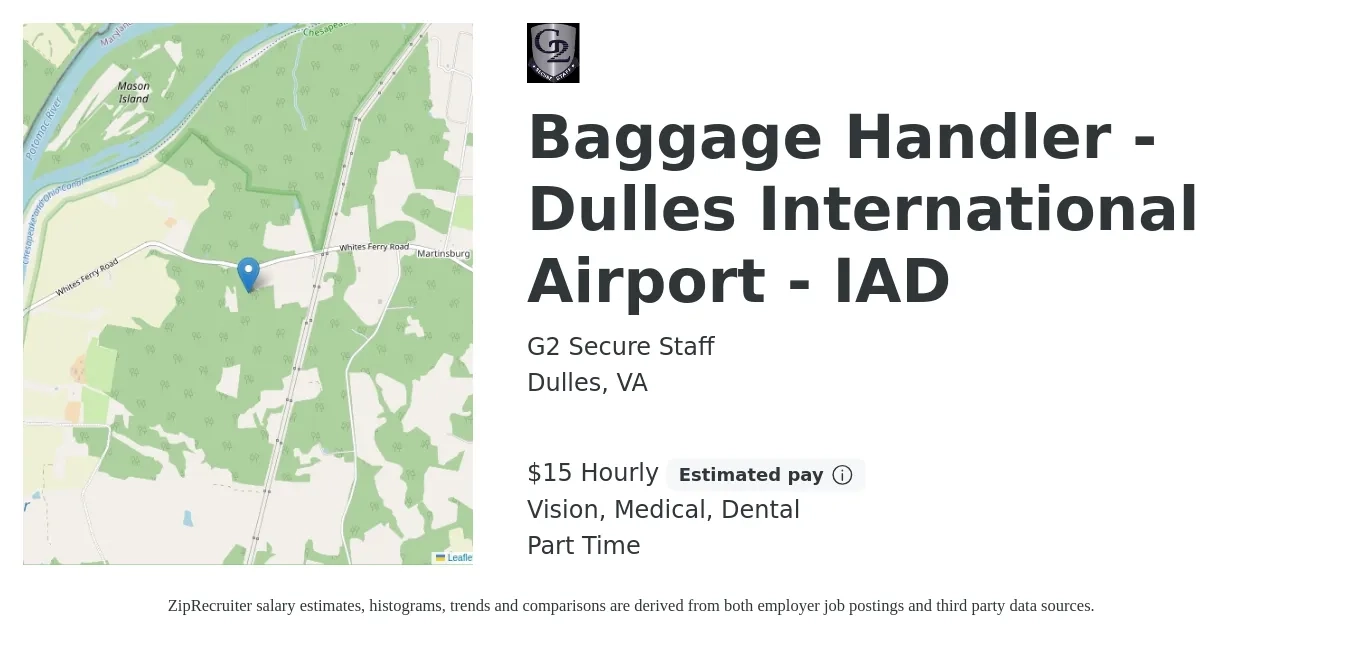 G2 Secure Staff job posting for a Baggage Handler - Dulles International Airport - IAD in Dulles, VA with a salary of $16 Hourly and benefits including vision, dental, life_insurance, medical, and retirement with a map of Dulles location.