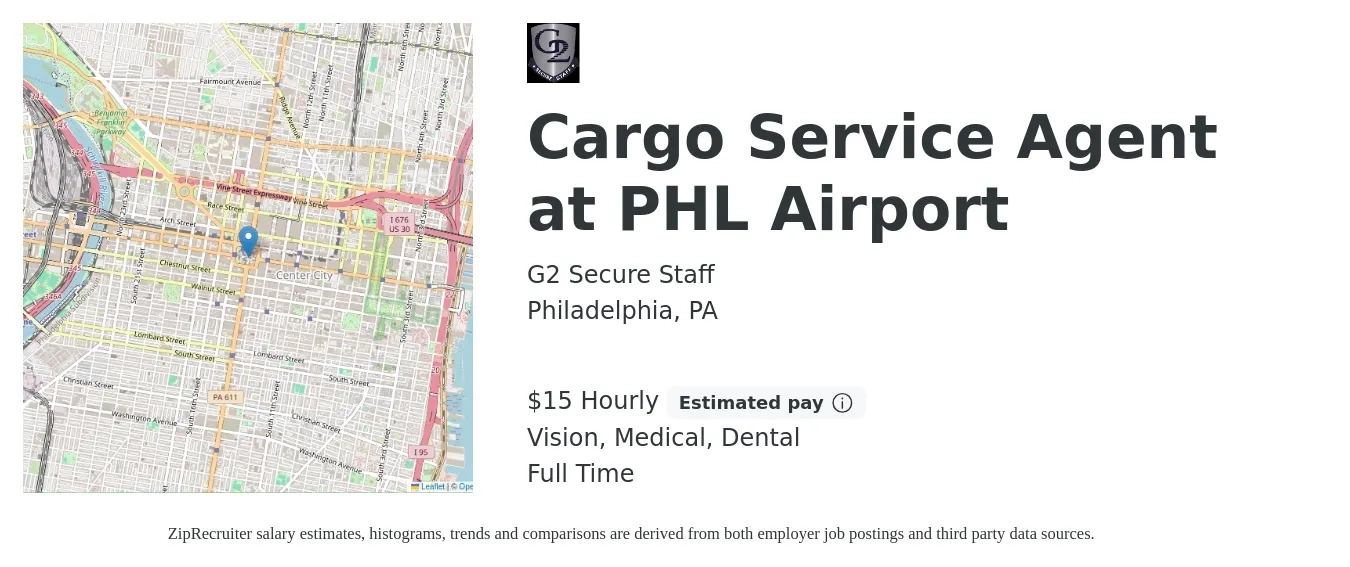 G2 Secure Staff job posting for a Cargo Service Agent at PHL Airport in Philadelphia, PA with a salary of $16 Hourly and benefits including life_insurance, medical, retirement, vision, and dental with a map of Philadelphia location.