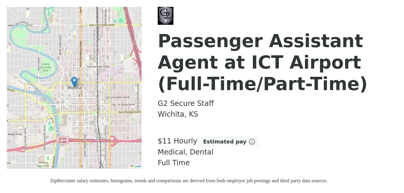 G2 Secure Staff job posting for a Passenger Assistant Agent at ICT Airport (Full-Time/Part-Time) in Wichita, KS with a salary of $12 Hourly and benefits including dental, life_insurance, medical, and retirement with a map of Wichita location.