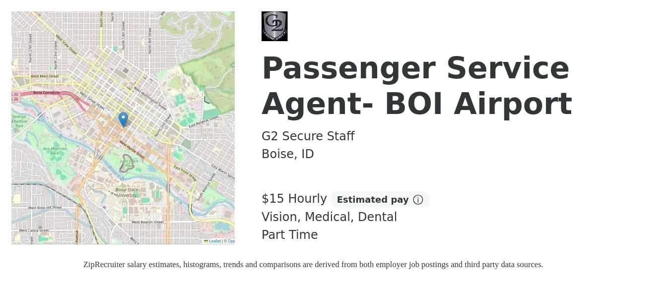 G2 Secure Staff job posting for a Passenger Service Agent- BOI Airport in Boise, ID with a salary of $16 Hourly and benefits including life_insurance, medical, pto, retirement, vision, and dental with a map of Boise location.