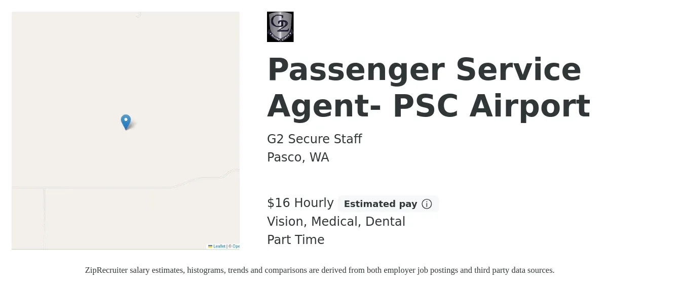 G2 Secure Staff job posting for a Passenger Service Agent- PSC Airport in Pasco, WA with a salary of $17 Hourly and benefits including dental, life_insurance, medical, pto, retirement, and vision with a map of Pasco location.