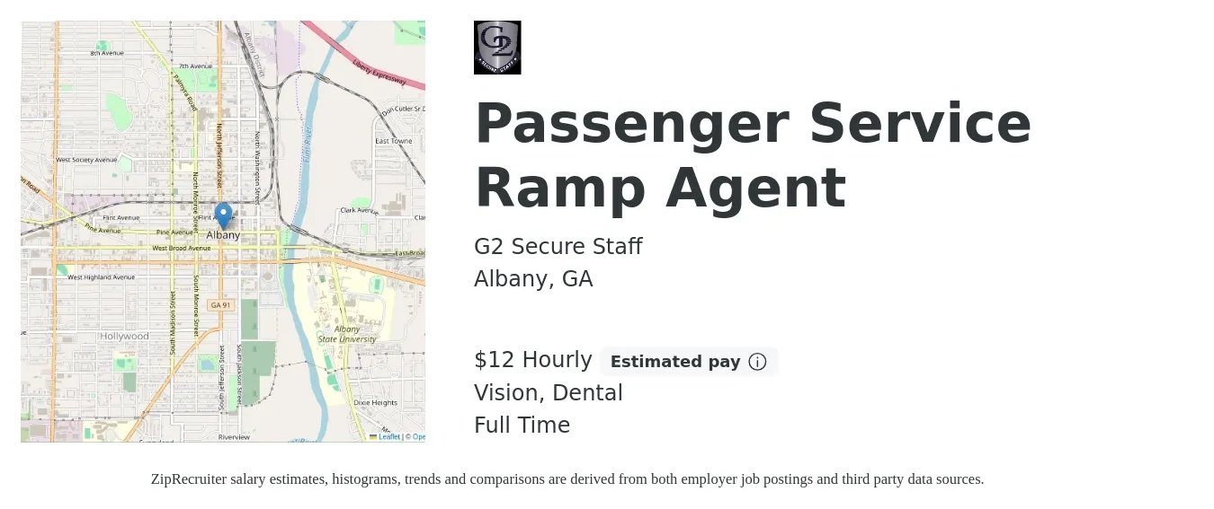 G2 Secure Staff job posting for a Passenger Service Ramp Agent in Albany, GA with a salary of $12 Hourly and benefits including dental, life_insurance, pto, retirement, and vision with a map of Albany location.