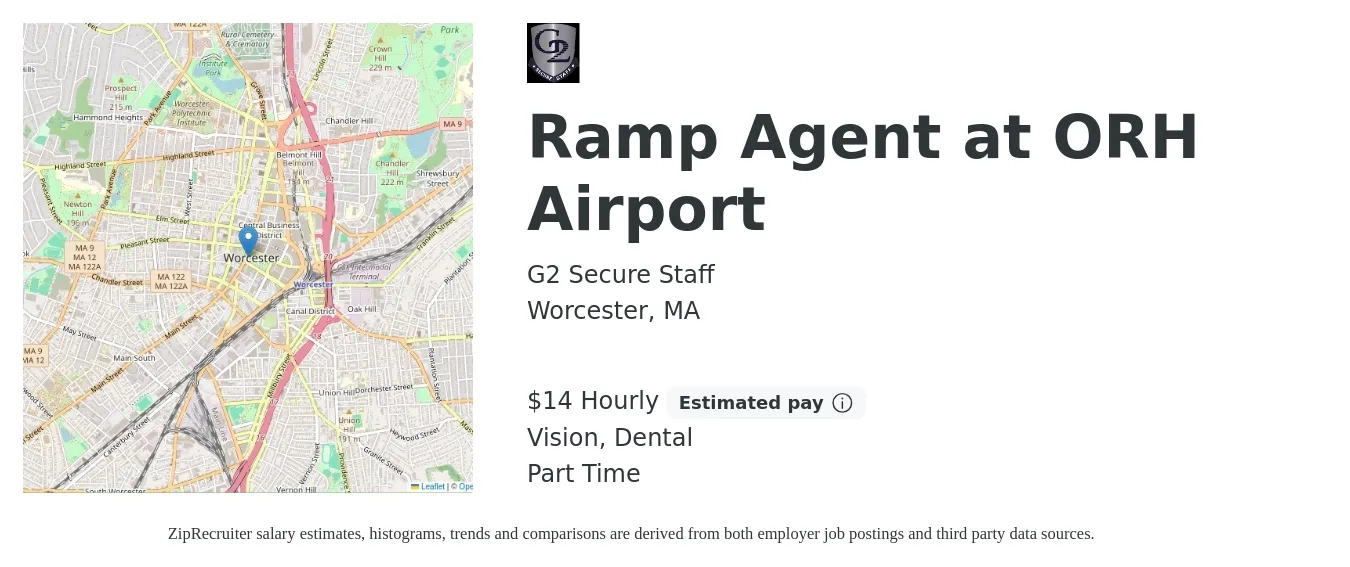 G2 Secure Staff job posting for a Ramp Agent at ORH Airport in Worcester, MA with a salary of $16 Hourly and benefits including pto, retirement, vision, dental, and life_insurance with a map of Worcester location.