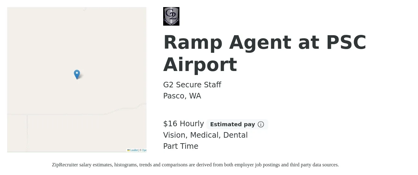 G2 Secure Staff job posting for a Ramp Agent at PSC Airport in Pasco, WA with a salary of $17 Hourly and benefits including medical, pto, retirement, vision, dental, and life_insurance with a map of Pasco location.