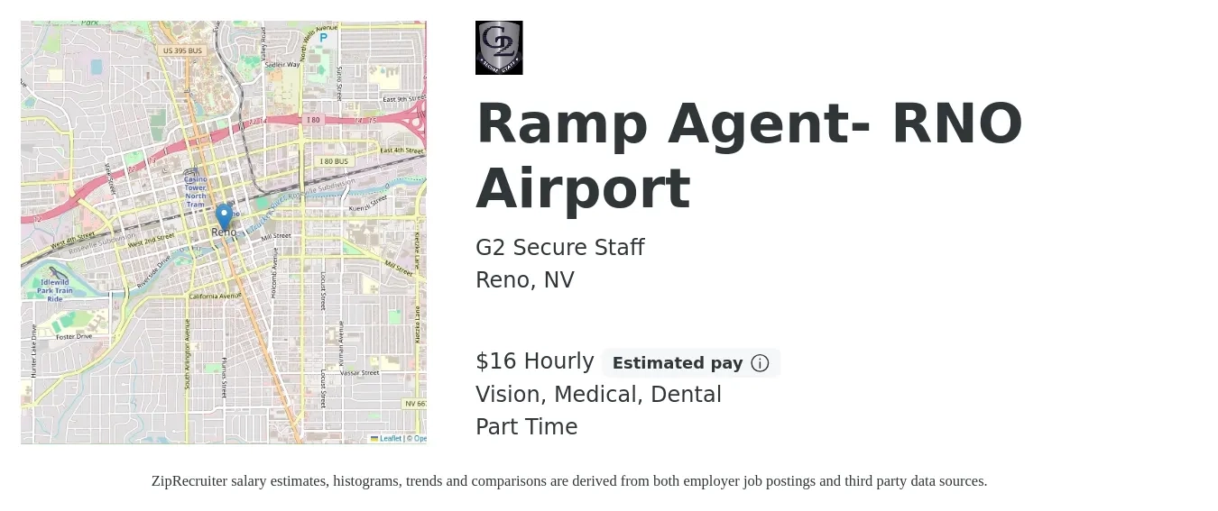 G2 Secure Staff job posting for a Ramp Agent- RNO Airport in Reno, NV with a salary of $17 Hourly and benefits including dental, life_insurance, medical, retirement, and vision with a map of Reno location.