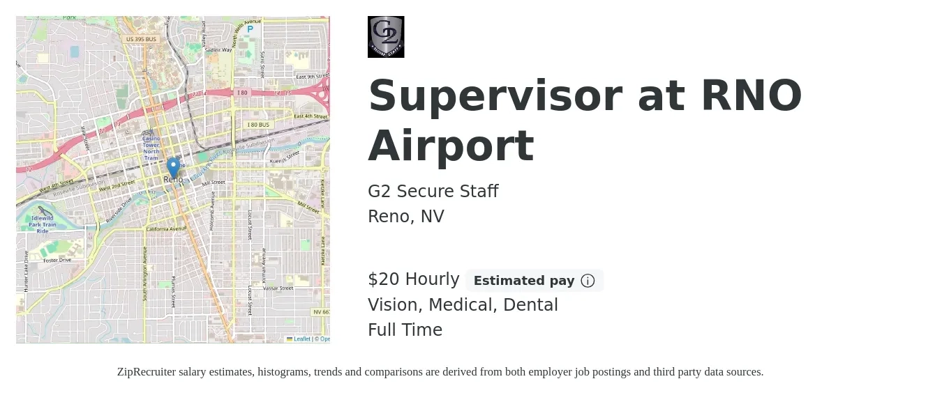 G2 Secure Staff job posting for a Supervisor at RNO Airport in Reno, NV with a salary of $21 Hourly and benefits including dental, life_insurance, medical, retirement, and vision with a map of Reno location.