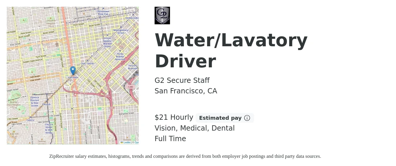 G2 Secure Staff job posting for a Water/Lavatory Driver in San Francisco, CA with a salary of $23 Hourly and benefits including vision, dental, life_insurance, medical, and retirement with a map of San Francisco location.