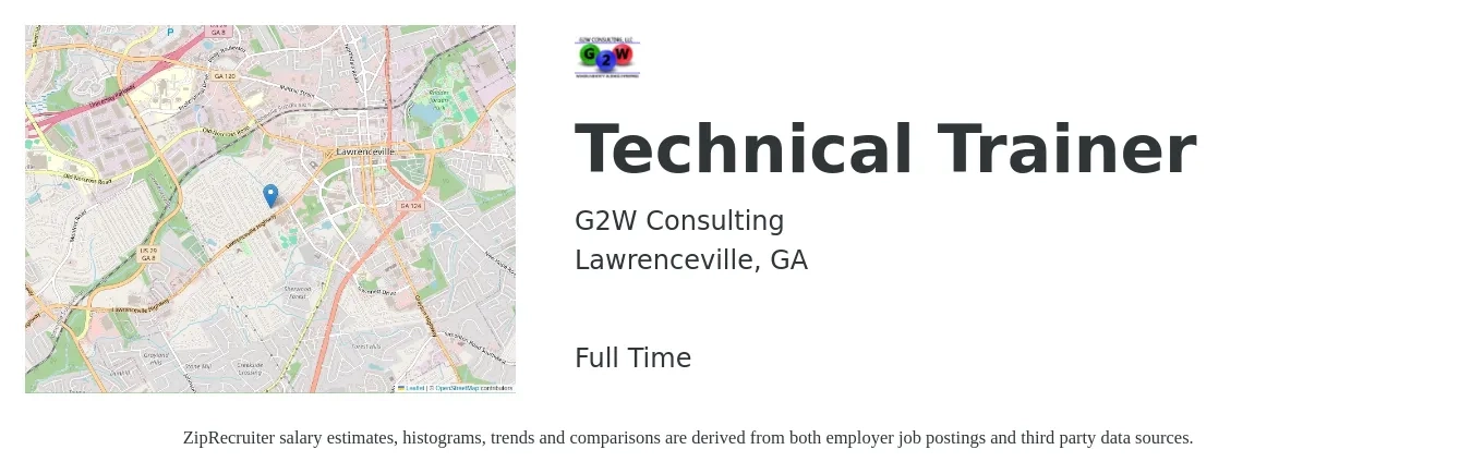 G2W Consulting job posting for a Technical Trainer in Lawrenceville, GA with a salary of $30 to $40 Hourly with a map of Lawrenceville location.