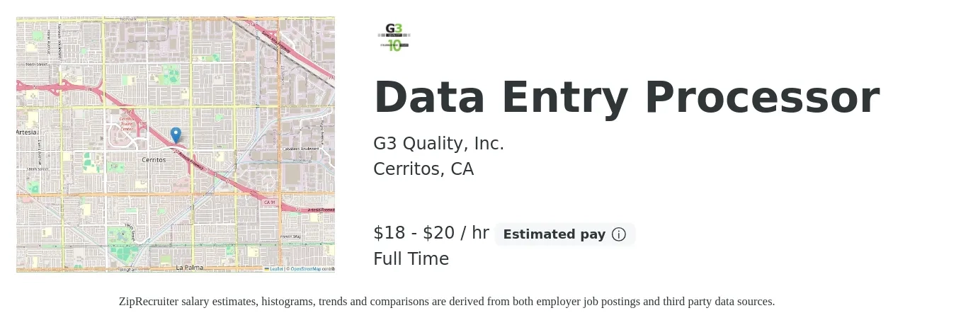 G3 Quality, Inc. job posting for a Data Entry Processor in Cerritos, CA with a salary of $19 to $21 Hourly with a map of Cerritos location.