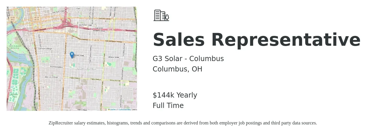 G3 Solar - Columbus job posting for a Sales Representative in Columbus, OH with a salary of $144,800 Yearly with a map of Columbus location.