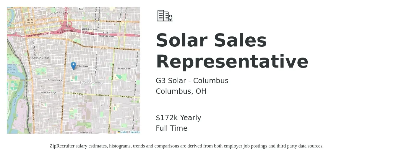 G3 Solar - Columbus job posting for a Solar Sales Representative in Columbus, OH with a salary of $172,000 Yearly with a map of Columbus location.