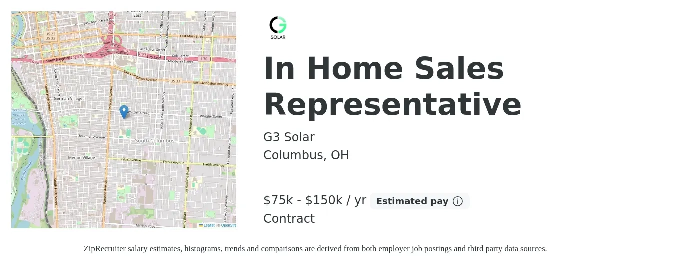 G3 Solar job posting for a In Home Sales Representative in Columbus, OH with a salary of $75,000 to $150,000 Yearly with a map of Columbus location.