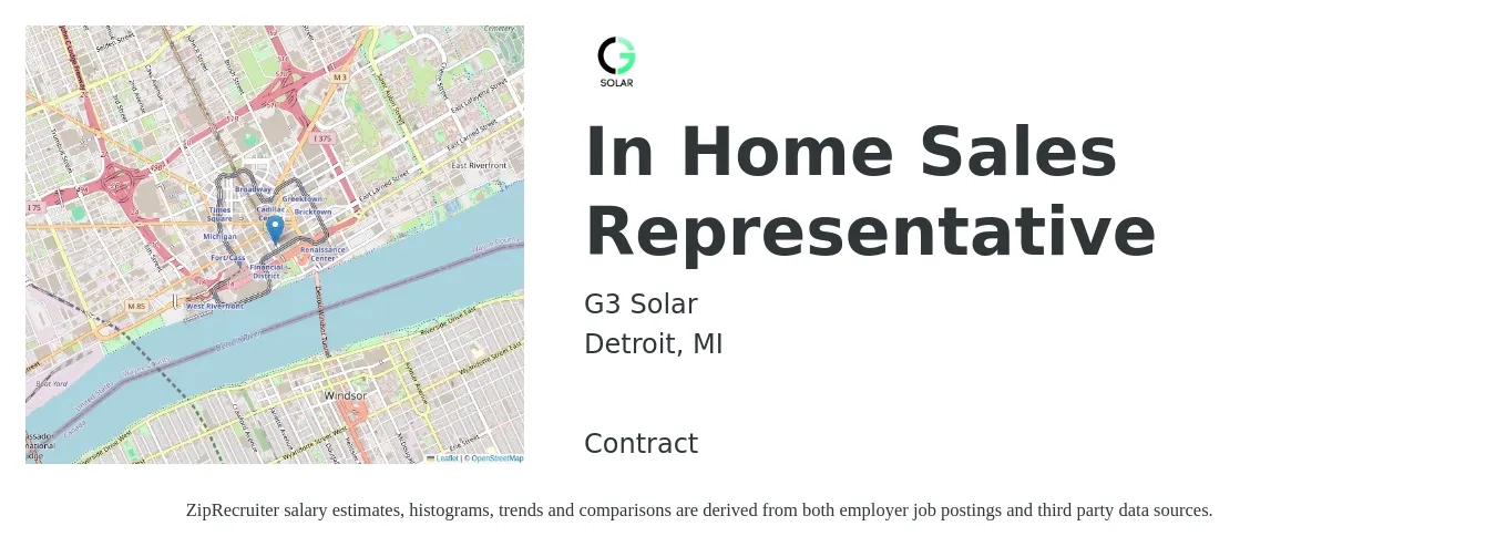 G3 Solar job posting for a In Home Sales Representative in Detroit, MI with a salary of $78,200 to $140,100 Yearly with a map of Detroit location.