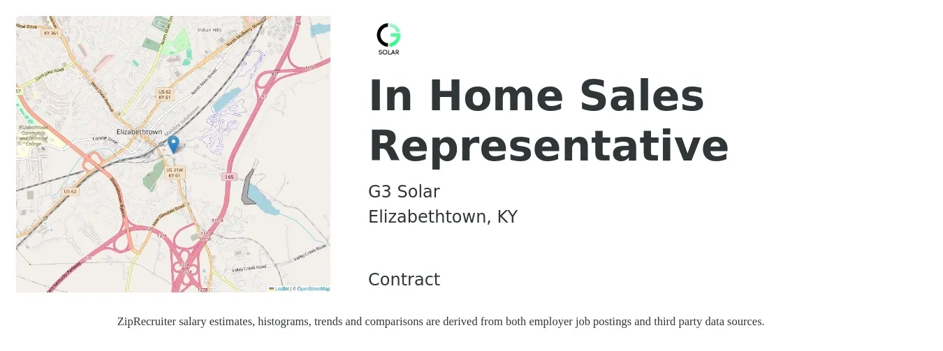 G3 Solar job posting for a In Home Sales Representative in Elizabethtown, KY with a salary of $72,500 to $129,900 Yearly with a map of Elizabethtown location.