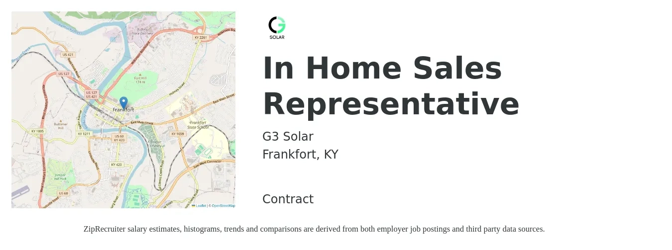 G3 Solar job posting for a In Home Sales Representative in Frankfort, KY with a salary of $68,600 to $122,900 Yearly with a map of Frankfort location.