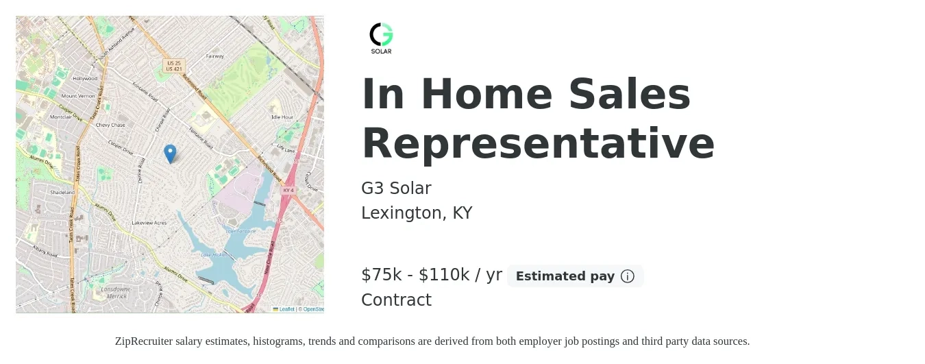 G3 Solar job posting for a In Home Sales Representative in Lexington, KY with a salary of $75,000 to $110,000 Yearly with a map of Lexington location.