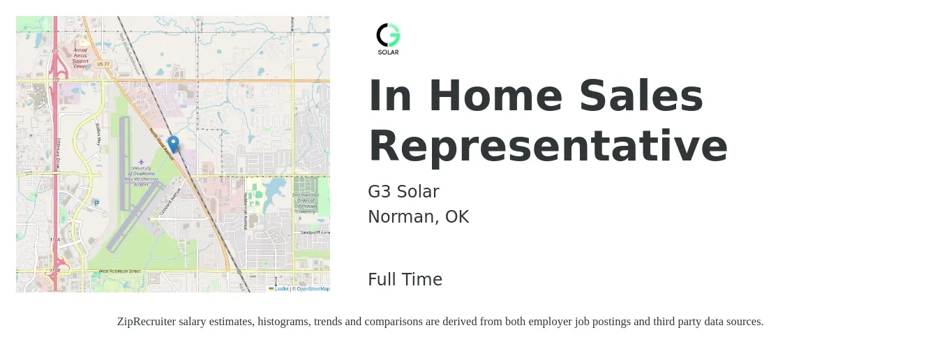 G3 Solar job posting for a In Home Sales Representative in Norman, OK with a salary of $69,000 to $123,600 Yearly with a map of Norman location.