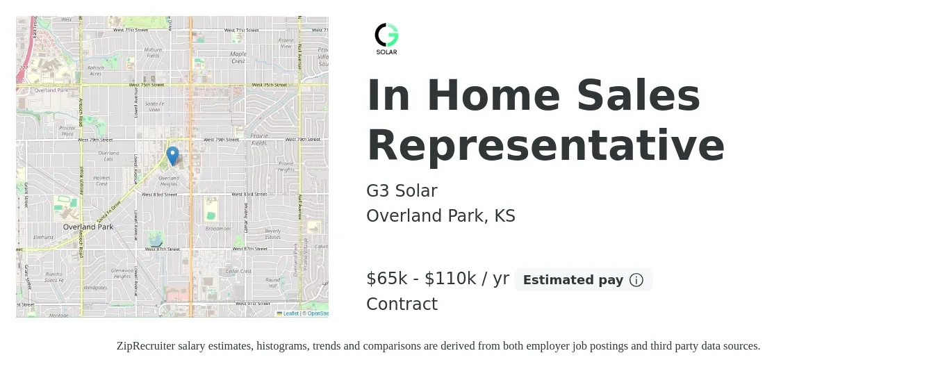 G3 Solar job posting for a In Home Sales Representative in Overland Park, KS with a salary of $65,000 to $110,000 Yearly with a map of Overland Park location.