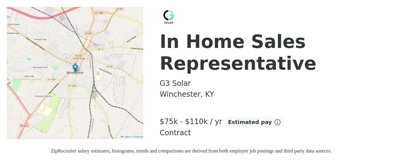 G3 Solar job posting for a In Home Sales Representative in Winchester, KY with a salary of $75,000 to $110,000 Yearly with a map of Winchester location.