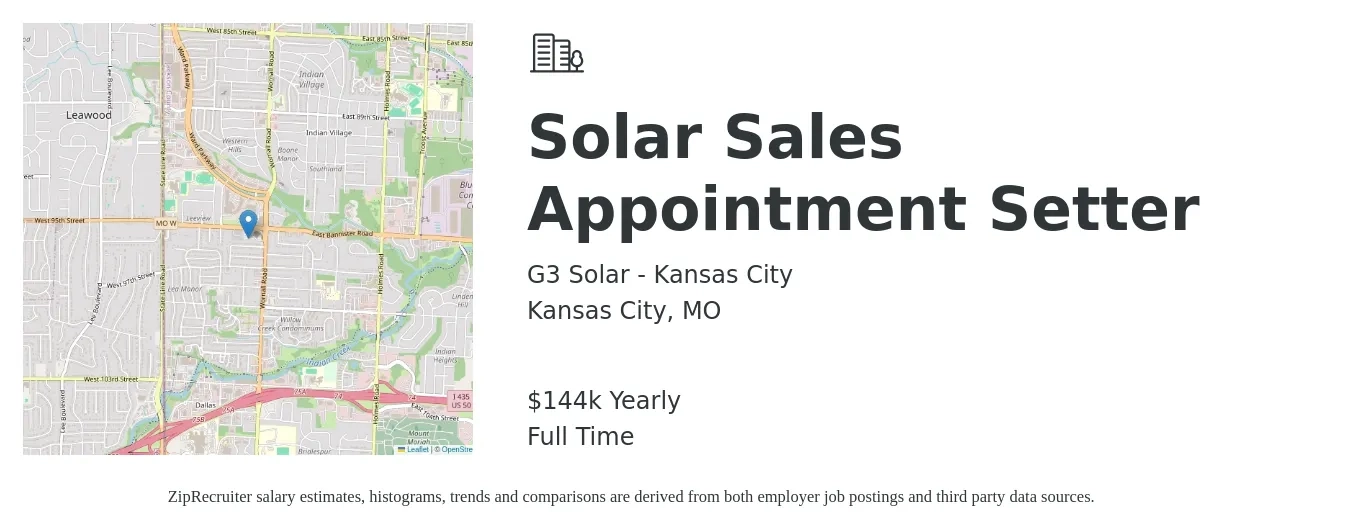 G3 Solar - Kansas City job posting for a Solar Sales Appointment Setter in Kansas City, MO with a salary of $144,800 Yearly with a map of Kansas City location.