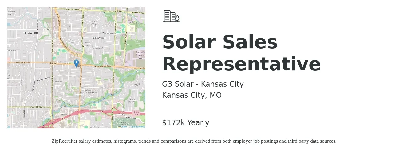 G3 Solar - Kansas City job posting for a Solar Sales Representative in Kansas City, MO with a salary of $172,000 Yearly with a map of Kansas City location.