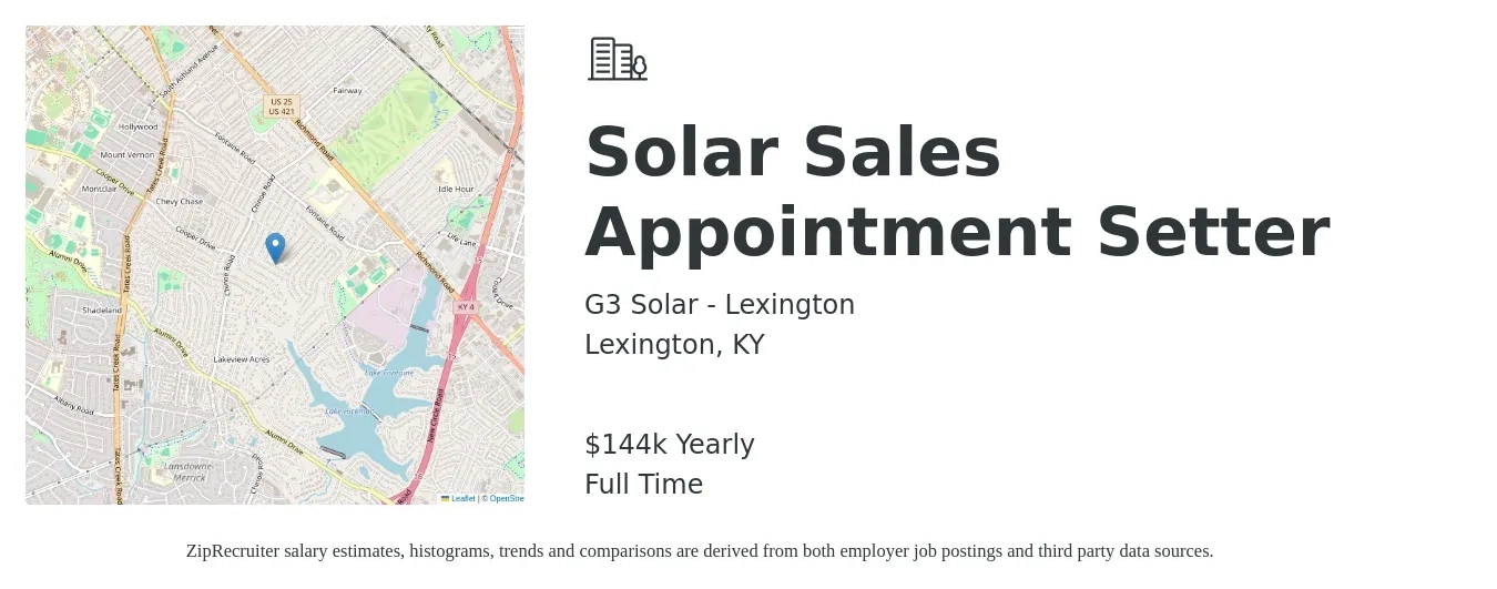 G3 Solar - Lexington job posting for a Solar Sales Appointment Setter in Lexington, KY with a salary of $144,800 Yearly with a map of Lexington location.