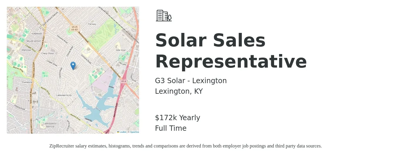 G3 Solar - Lexington job posting for a Solar Sales Representative in Lexington, KY with a salary of $172,000 Yearly with a map of Lexington location.