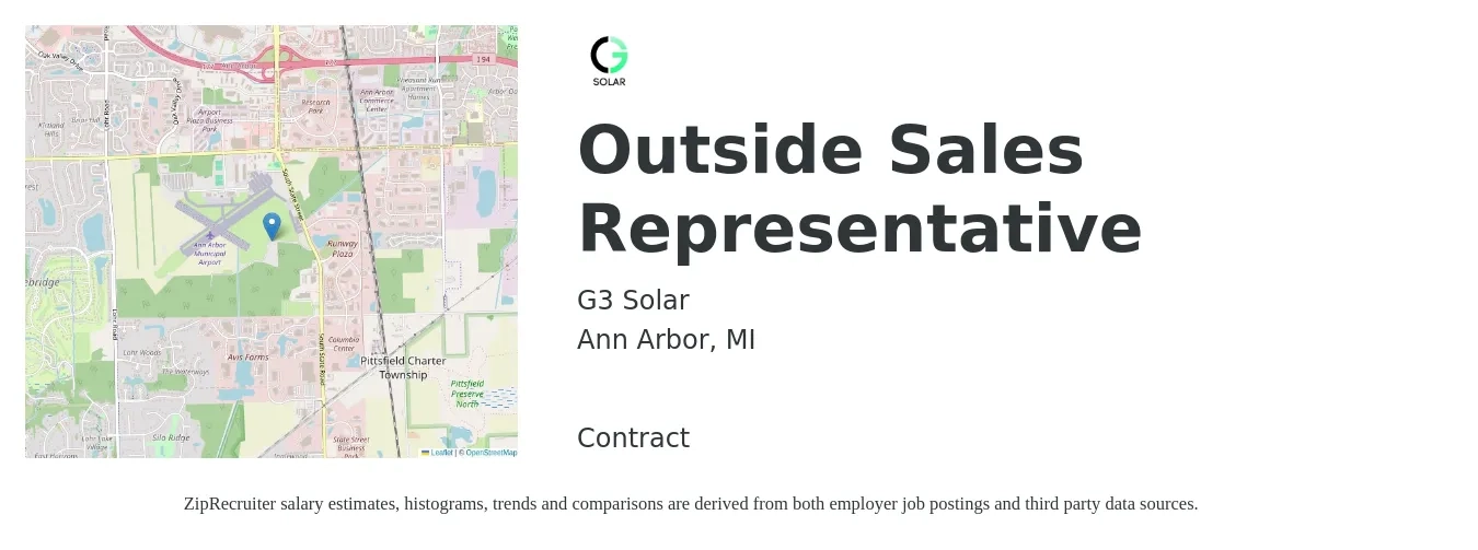 G3 Solar job posting for a Outside Sales Representative in Ann Arbor, MI with a salary of $51,400 to $88,000 Yearly with a map of Ann Arbor location.