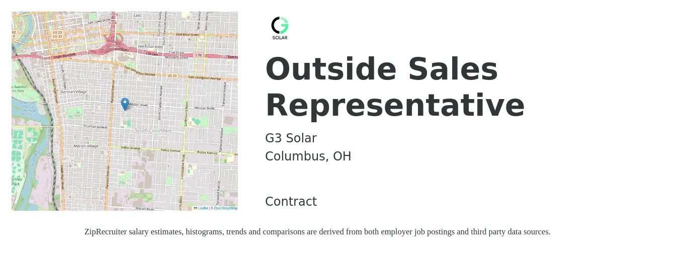 G3 Solar job posting for a Outside Sales Representative in Columbus, OH with a salary of $50,700 to $86,900 Yearly with a map of Columbus location.