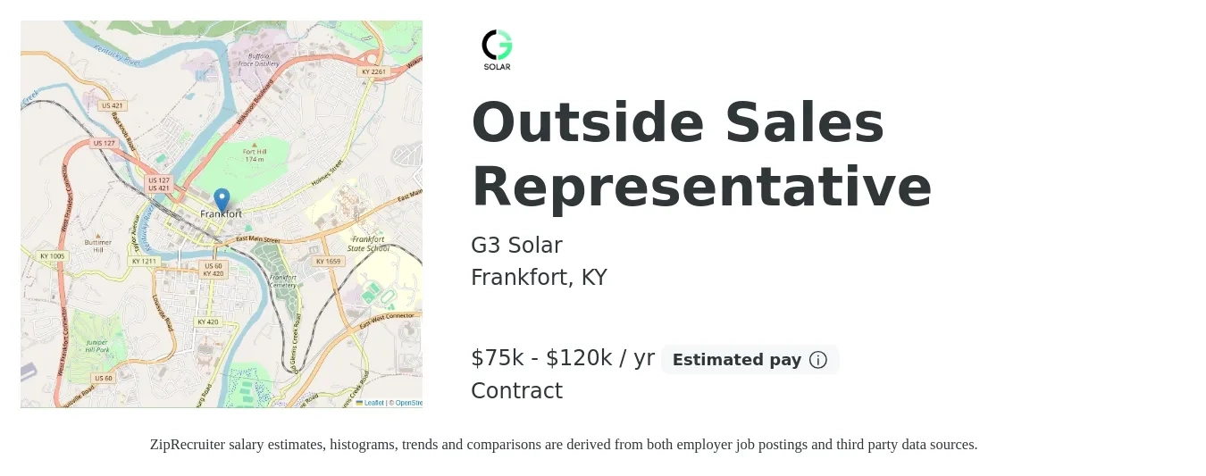 G3 Solar job posting for a Outside Sales Representative in Frankfort, KY with a salary of $75,000 to $120,000 Yearly with a map of Frankfort location.