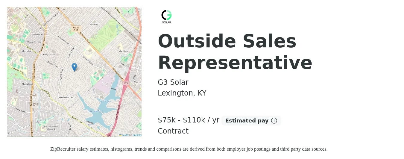 G3 Solar job posting for a Outside Sales Representative in Lexington, KY with a salary of $75,000 to $110,000 Yearly with a map of Lexington location.