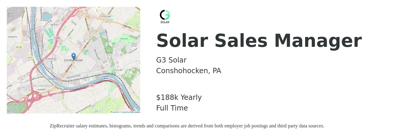 G3 Solar job posting for a Solar Sales Manager in Conshohocken, PA with a salary of $188,500 Yearly with a map of Conshohocken location.