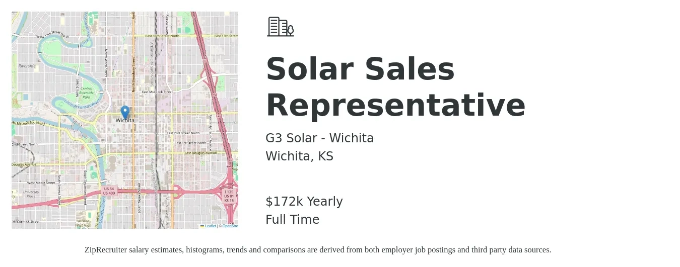 G3 Solar - Wichita job posting for a Solar Sales Representative in Wichita, KS with a salary of $172,000 Yearly with a map of Wichita location.
