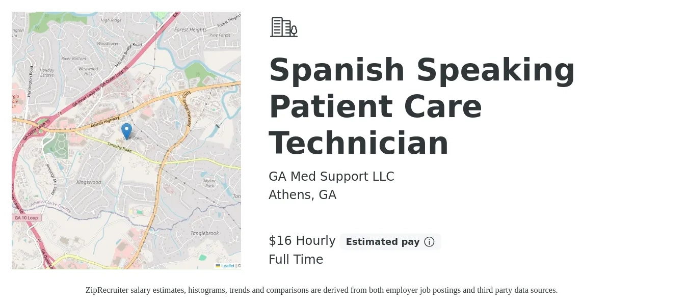 GA Med Support LLC job posting for a Spanish Speaking Patient Care Technician in Athens, GA with a salary of $17 Hourly with a map of Athens location.