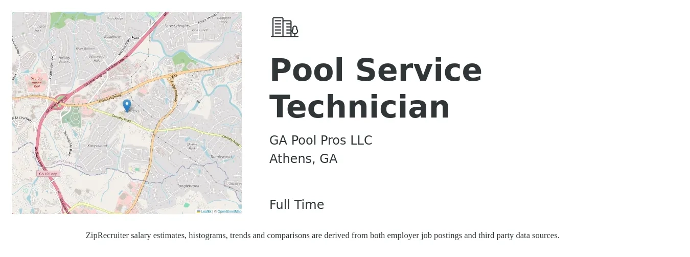GA Pool Pros LLC job posting for a Pool Service Technician in Athens, GA with a salary of $3,600 to $5,000 Monthly (plus commission) with a map of Athens location.