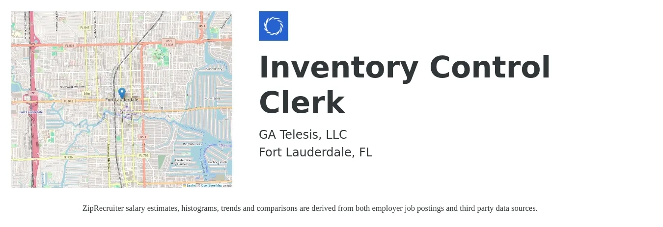 GA Telesis job posting for a Inventory Control Clerk in Fort Lauderdale, FL with a salary of $16 to $20 Hourly with a map of Fort Lauderdale location.